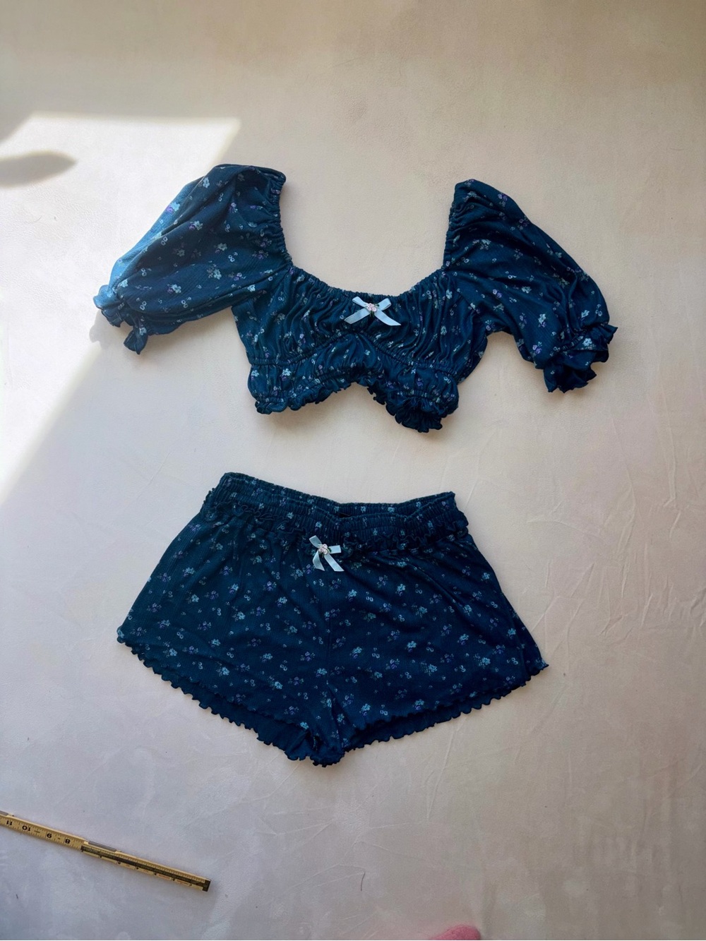 For Love And Lemons Navy Floral Puff-Sleeve Crop Top & Shorts Set